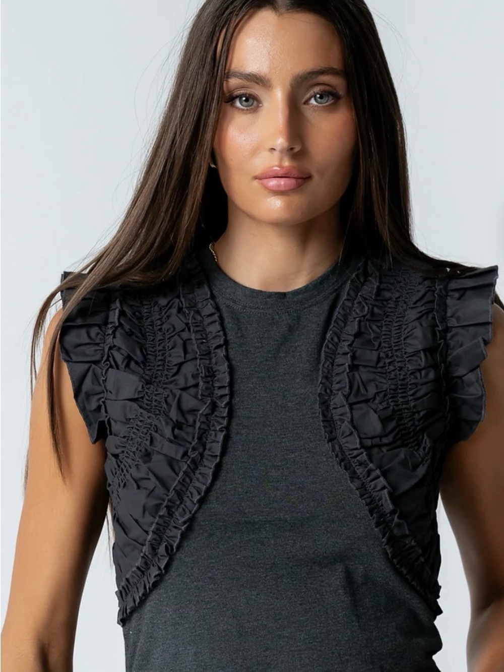 bohme Black Ruffle Sleeveless Bolero Top - Picture 3 of 9